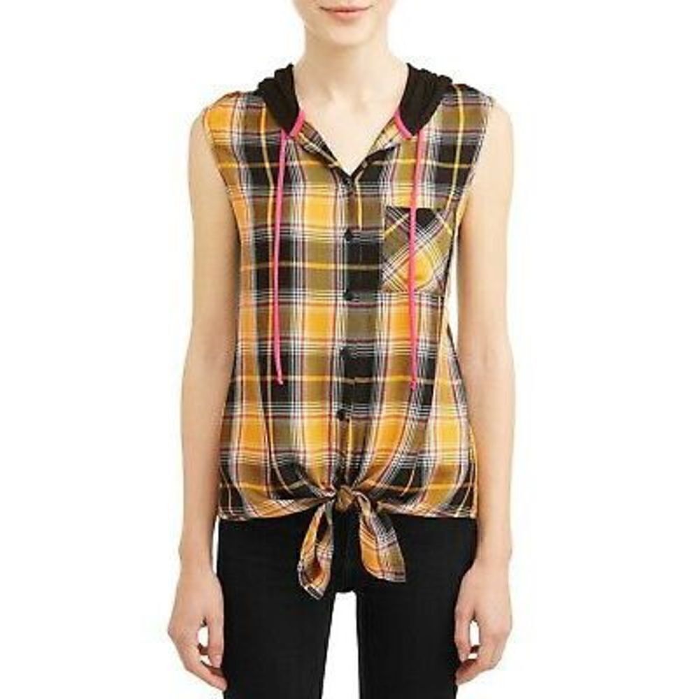 NWT NO BOUNDARIES Plaid Tie Front Gold Jade Hoodie Size XL (15-17)